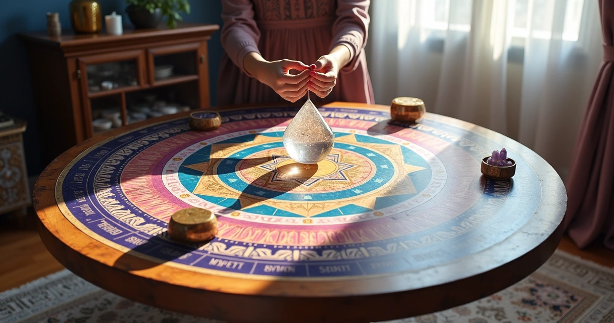 Mesa radiônica com símbolos coloridos, pêndulo de cristal e mãos femininas ao redor.