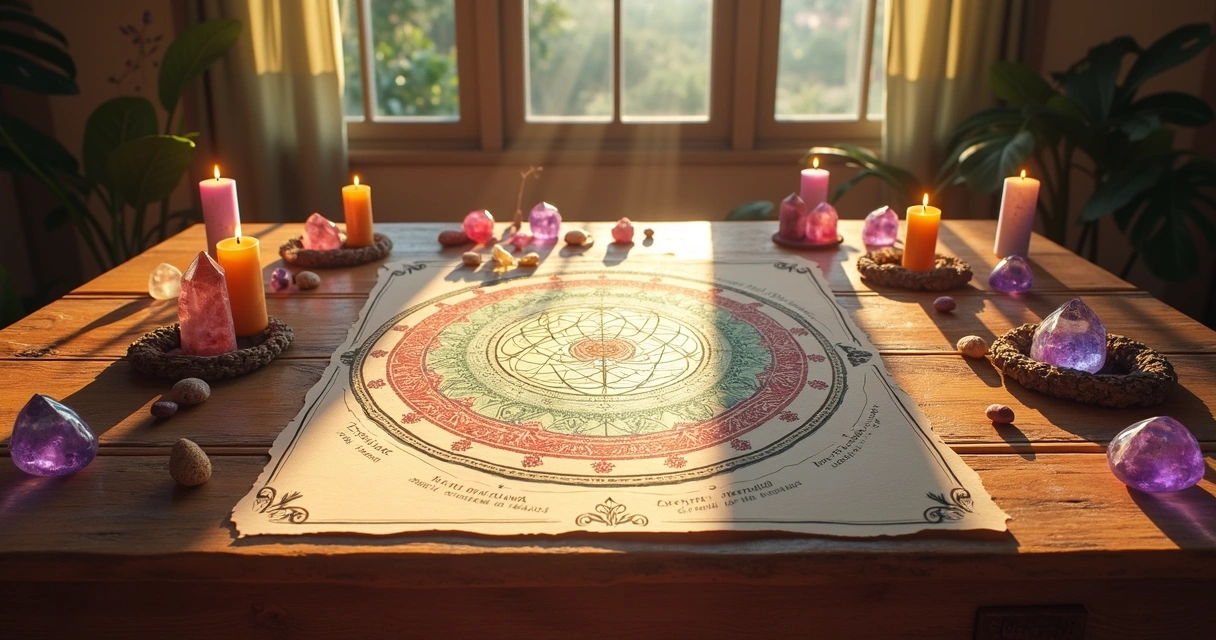 Mesa radiônica com gráficos coloridos e símbolos, vista de cima. 