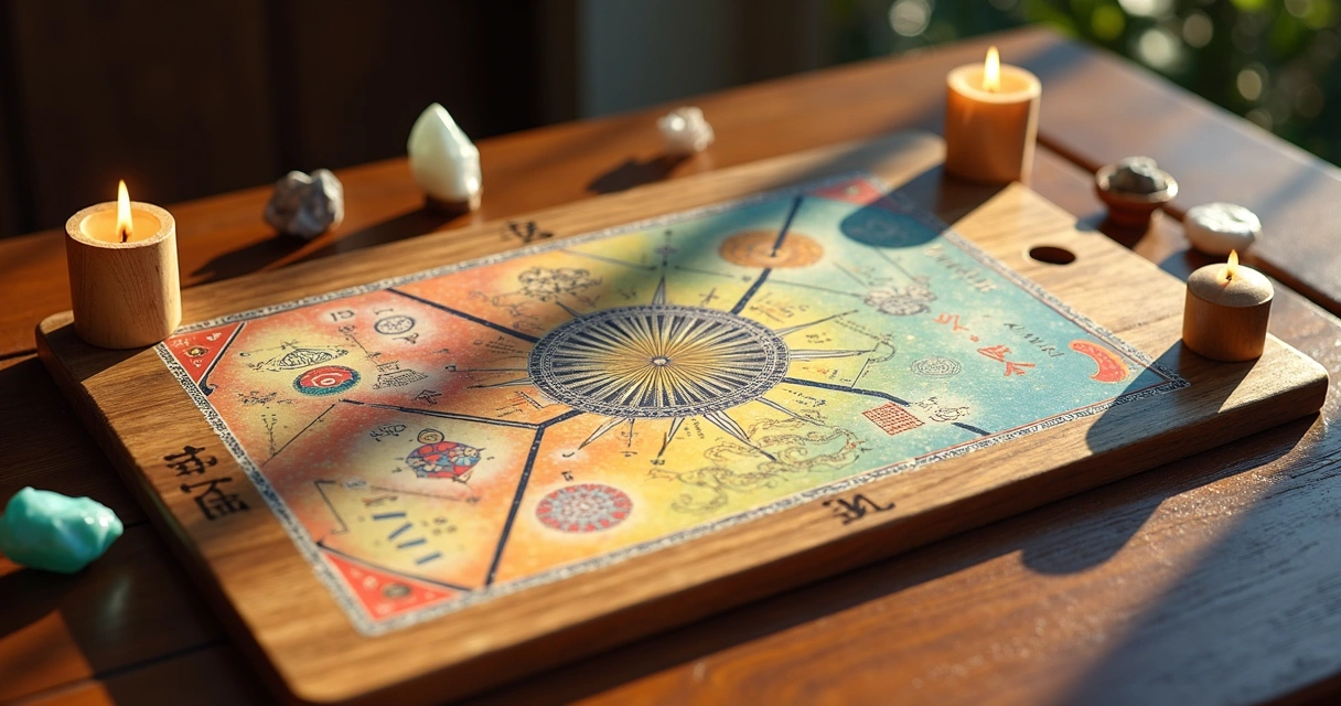 Painel de mesa radiônica colorido com gráficos, símbolos e pêndulo 