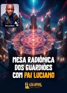 Grupo de pessoas ao redor de um círculo de energia radiante durante ritual espiritual com símbolos místicos