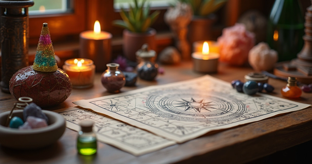 Instrumentos da mesa radiônica dispostos sobre uma mesa 