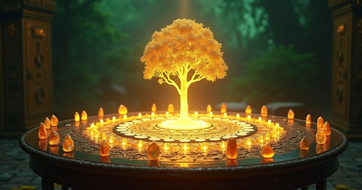 Mesa radiônica iluminada com cristais e símbolos esotéricos focada na prosperidade