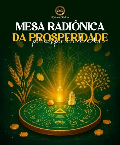 Mesa radiônica iluminada com cristais e símbolos esotéricos focada na prosperidade
