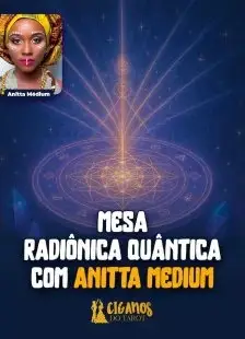 Mesa radionica quantica com Anitta Medium e simbolos espirituais luminosos