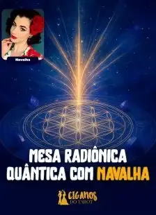 Representação gráfica de mesa radiónica quântica com luz dourada irradiando do centro