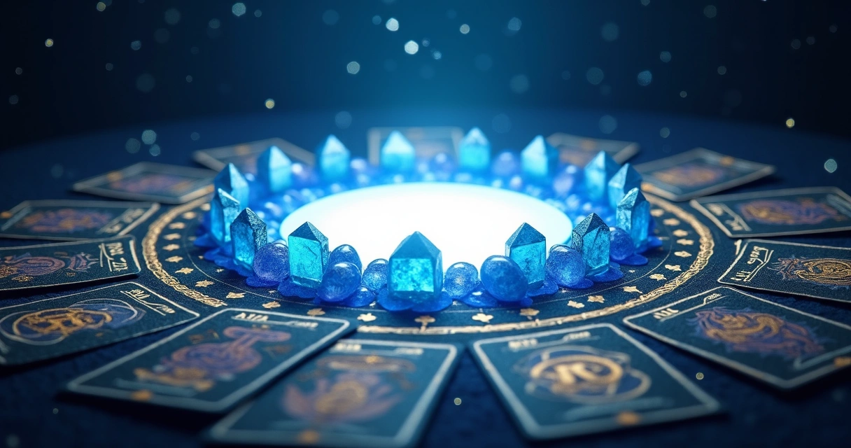 Mesa com cristais azuis, cartas e luz brilhante simbolizando reconexão 