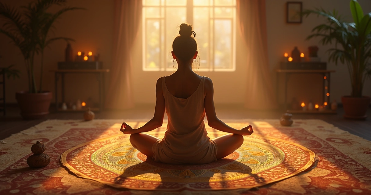 Pessoa meditando ao lado de mesa radônica com luz dourada e ambiente harmônico. 