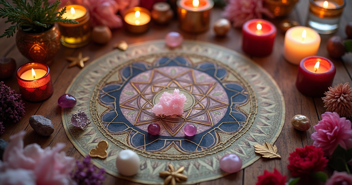 Símbolos sagrados, cristais diversos e velas coloridas em uma mesa mística animada com energia 