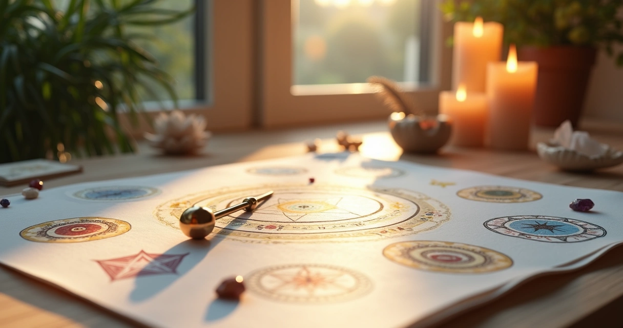 Mesa radiônica com símbolos, gráficos e pêndulo em mesa de madeira clara 