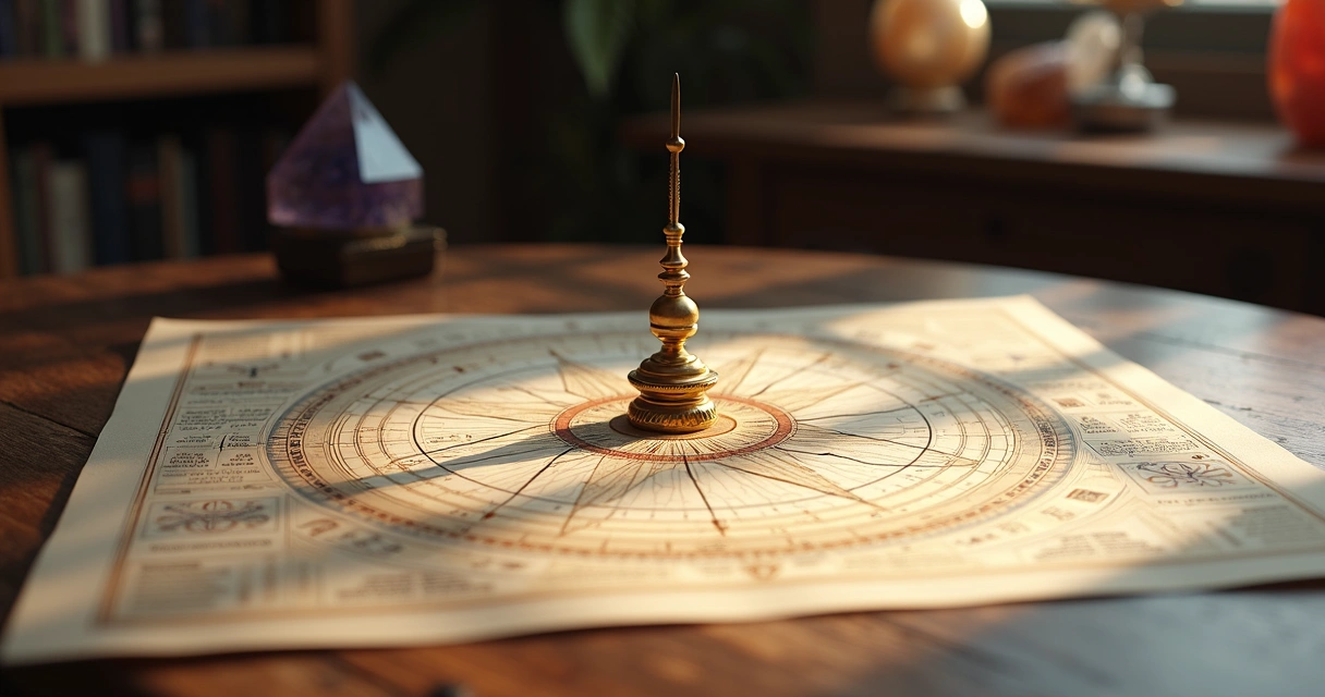 Gráficos e pêndulo sobre mesa com símbolos de geometria sagrada. 