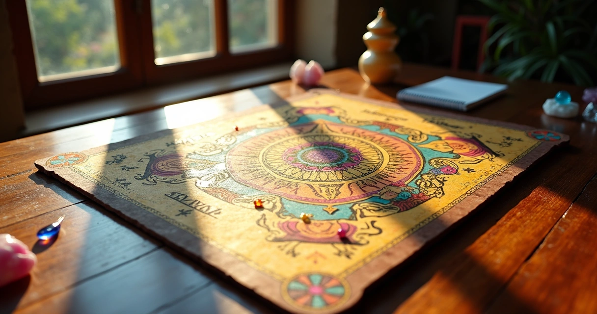 Tabuleiro de mesa radiônica com gráficos e símbolos coloridos