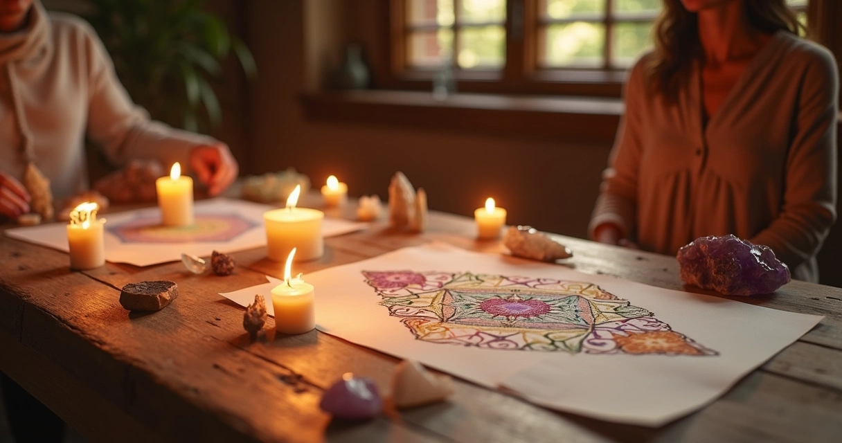 Mesa com símbolos espirituais, uma vela acesa e ambiente acolhedor representando energia equilibrada. 