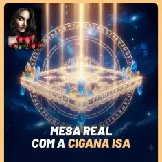 Mesa real de leitura espiritual com cristais e luz brilhante no centro