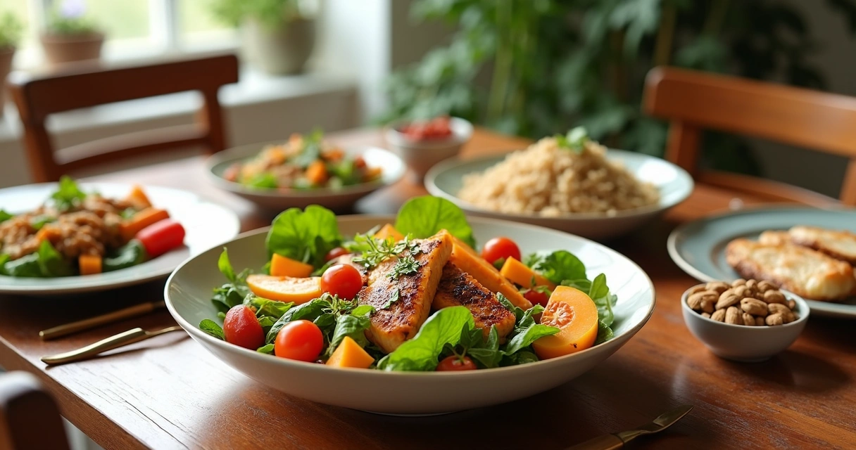 Mesa posta com refeição colorida e saudável
