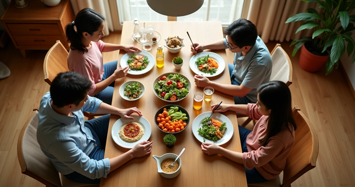 Mesa de jantar com alimentos naturais coloridos organizados e pessoas comendo em silêncio