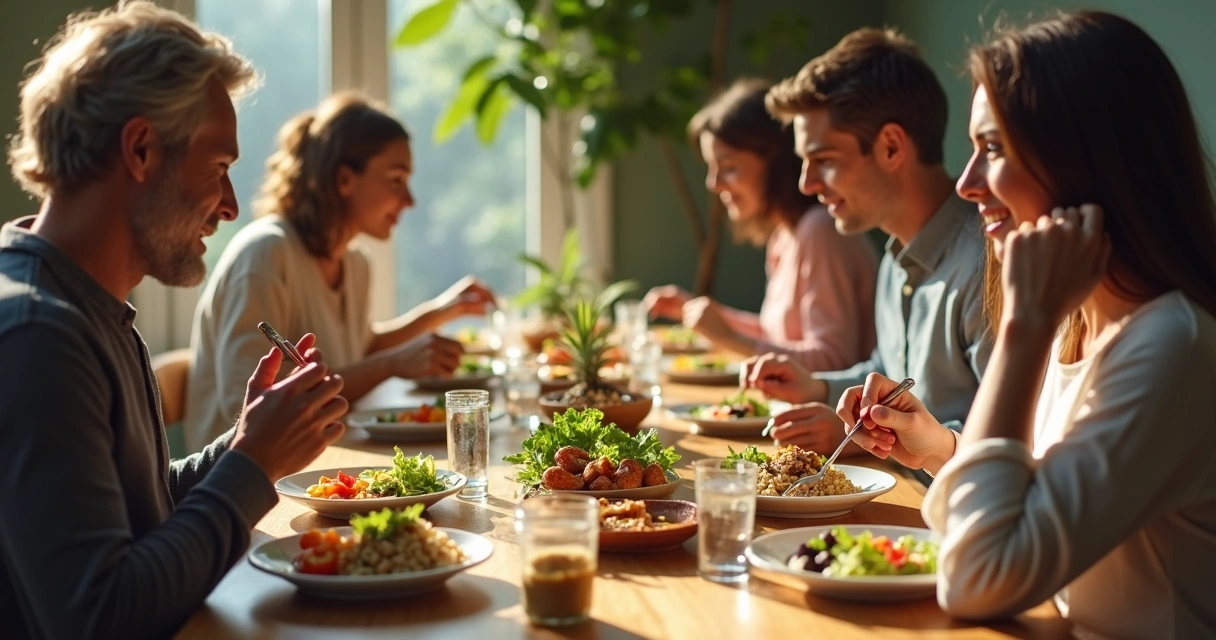 Pessoas sentadas à mesa apreciando alimentos variados em silêncio, atentos à comida 