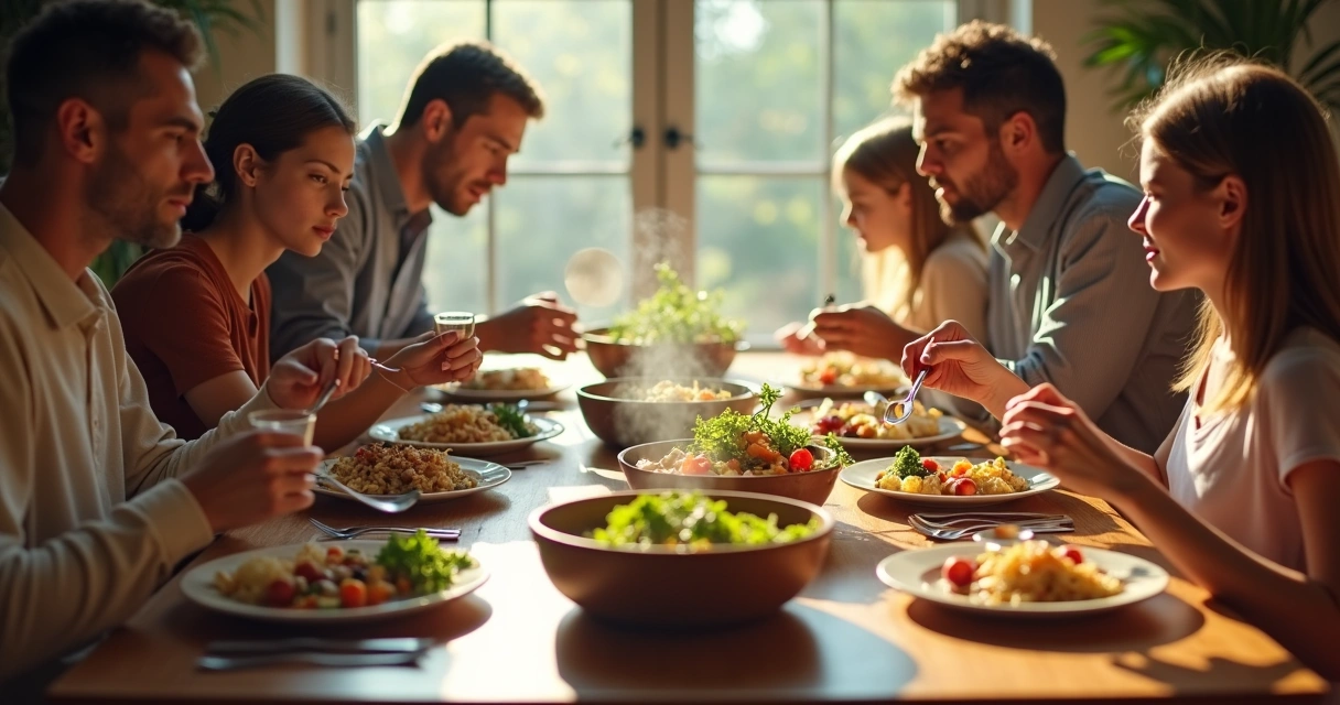 Família reunida em mesa de refeição prestando atenção à comida e conversando 