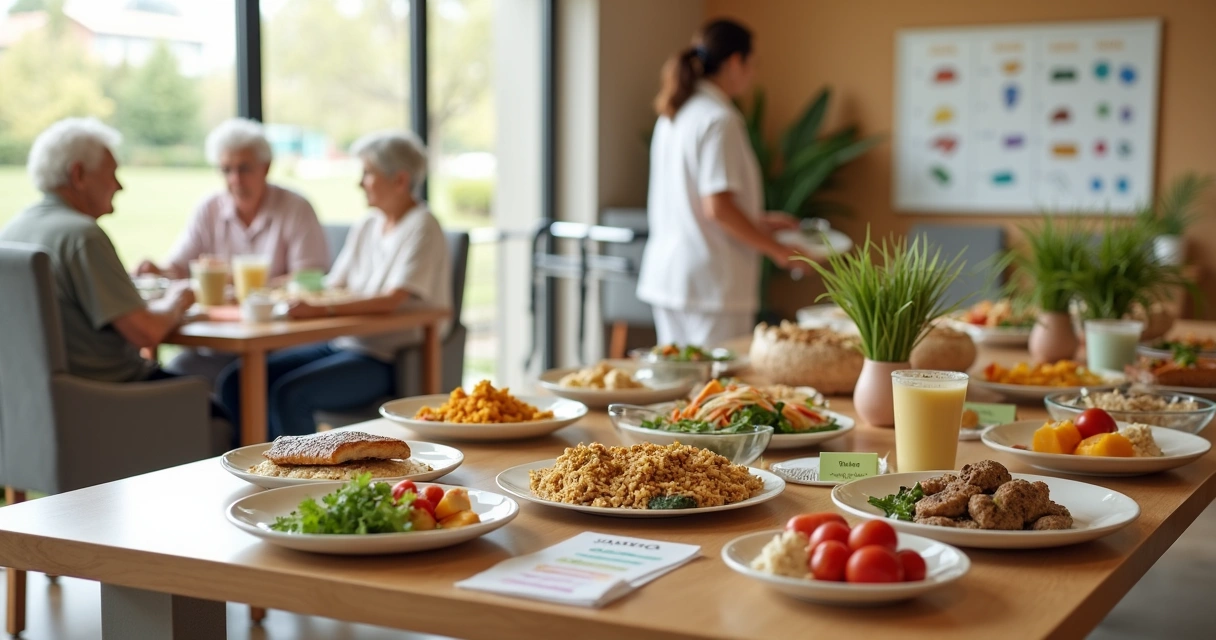 Nutricionista sorridente em jaleco branco apresentando um cardápio semanal impresso a uma idosa sentada à mesa de refeitório moderno e iluminado, com frutas frescas e pratos coloridos sobre a mesa, am