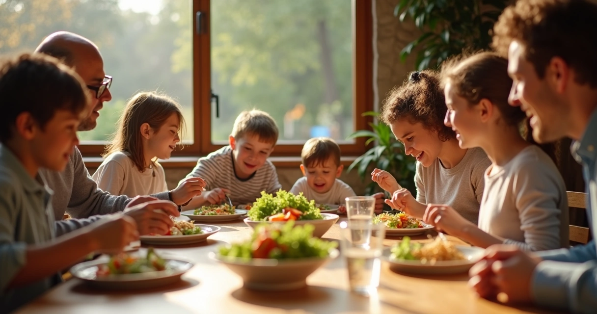 Mesa de refeição simples, pratos coloridos, pessoas conversando e comendo atentamente 