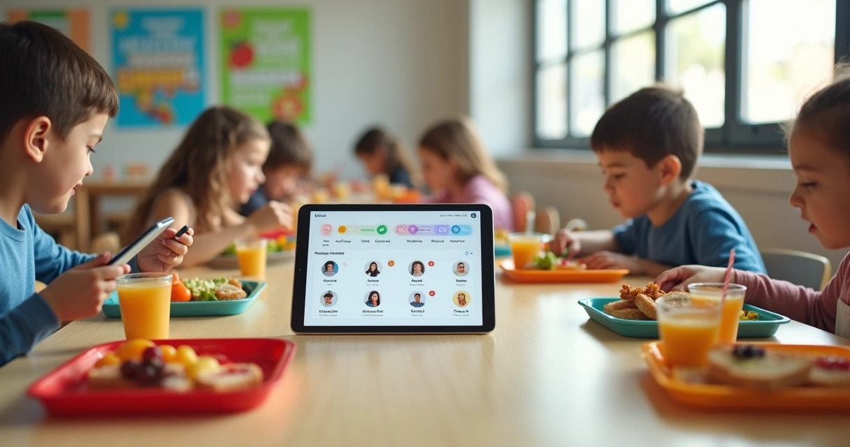 Mesa de refeitório escolar com tablet mostrando contas digitais de alunos 