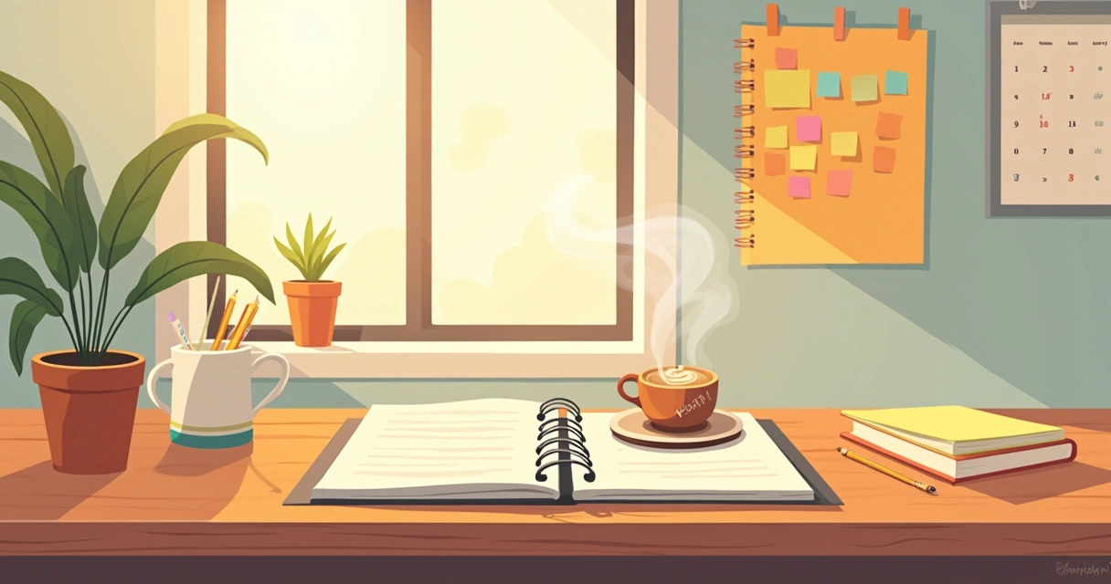 Mesa com caneca de café, caderno aberto e datas importantes para reflexões sobre numerologia.