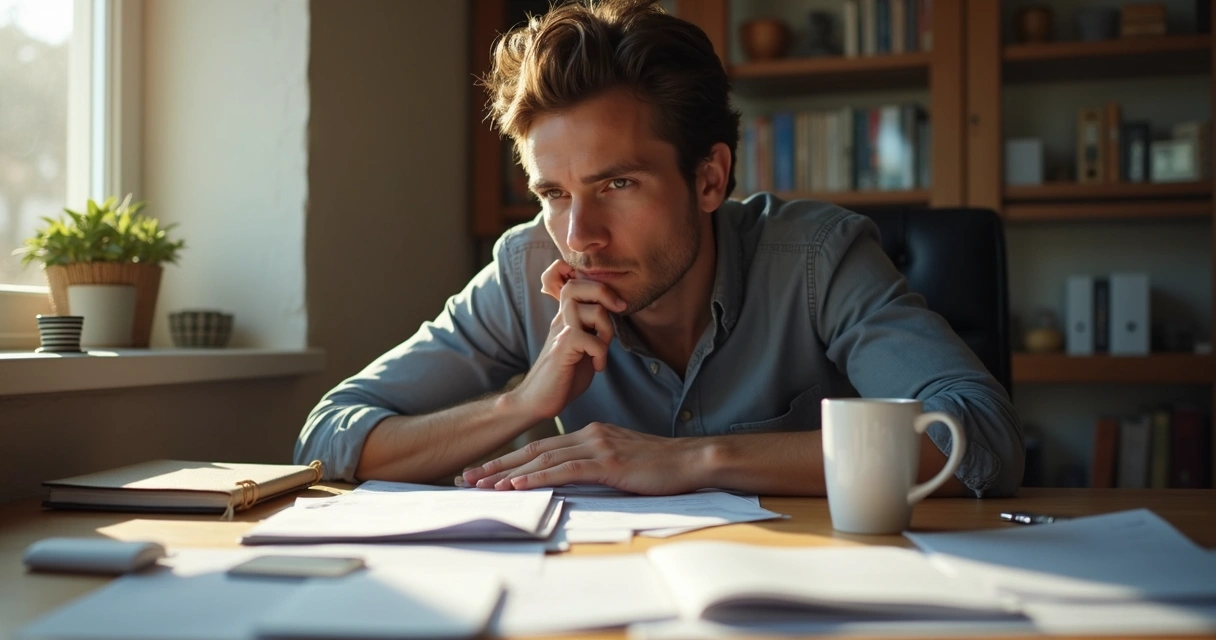 Pessoa refletindo diante de uma mesa com papéis e uma caneca 