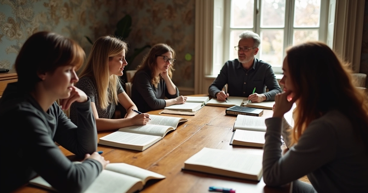 Personas sentadas alrededor de una mesa reflexionando con libros abiertos y notas 