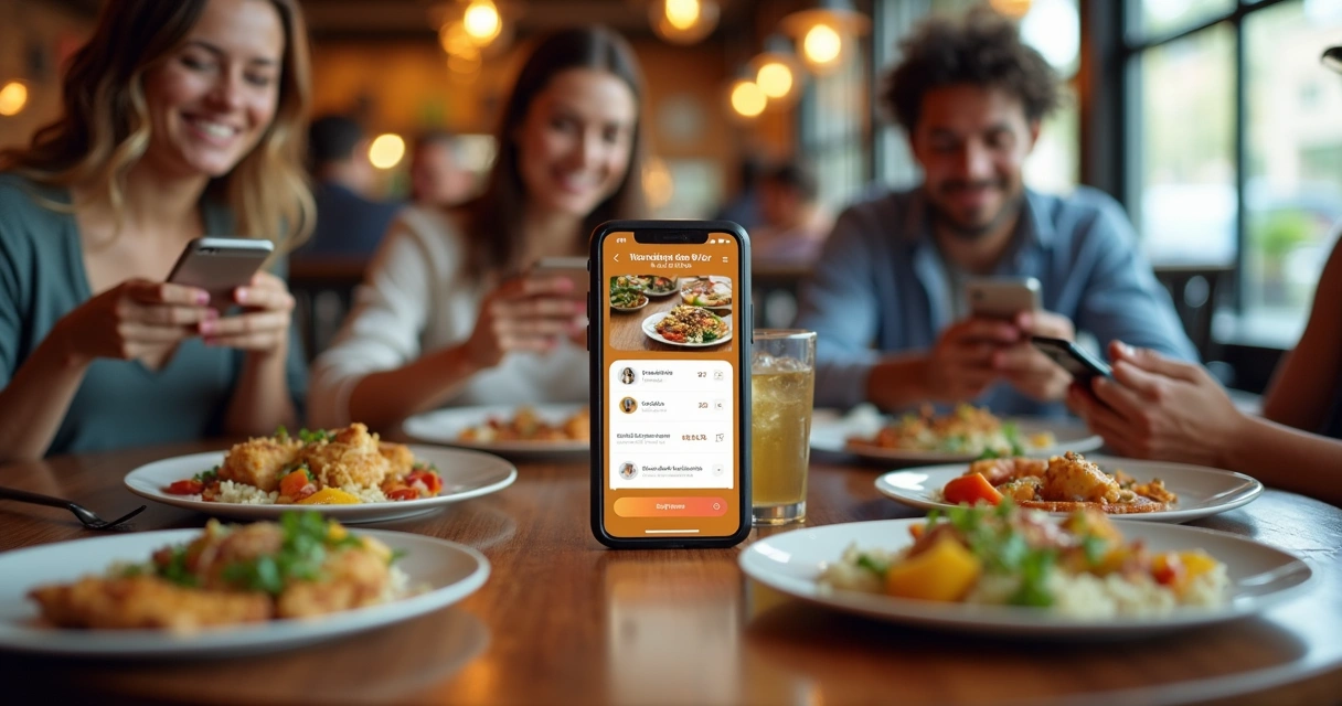 Mesa de restaurante com pessoas usando aplicativo no celular 