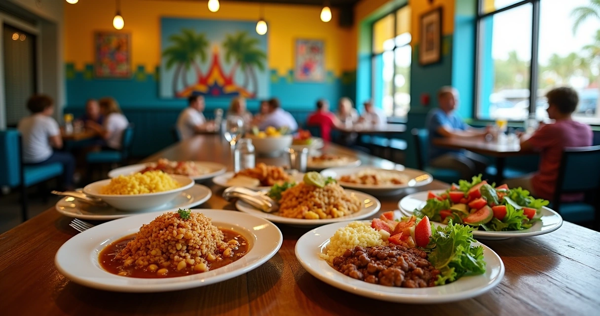 Mesa posta em restaurante brasileiro em Orlando com pratos variados 