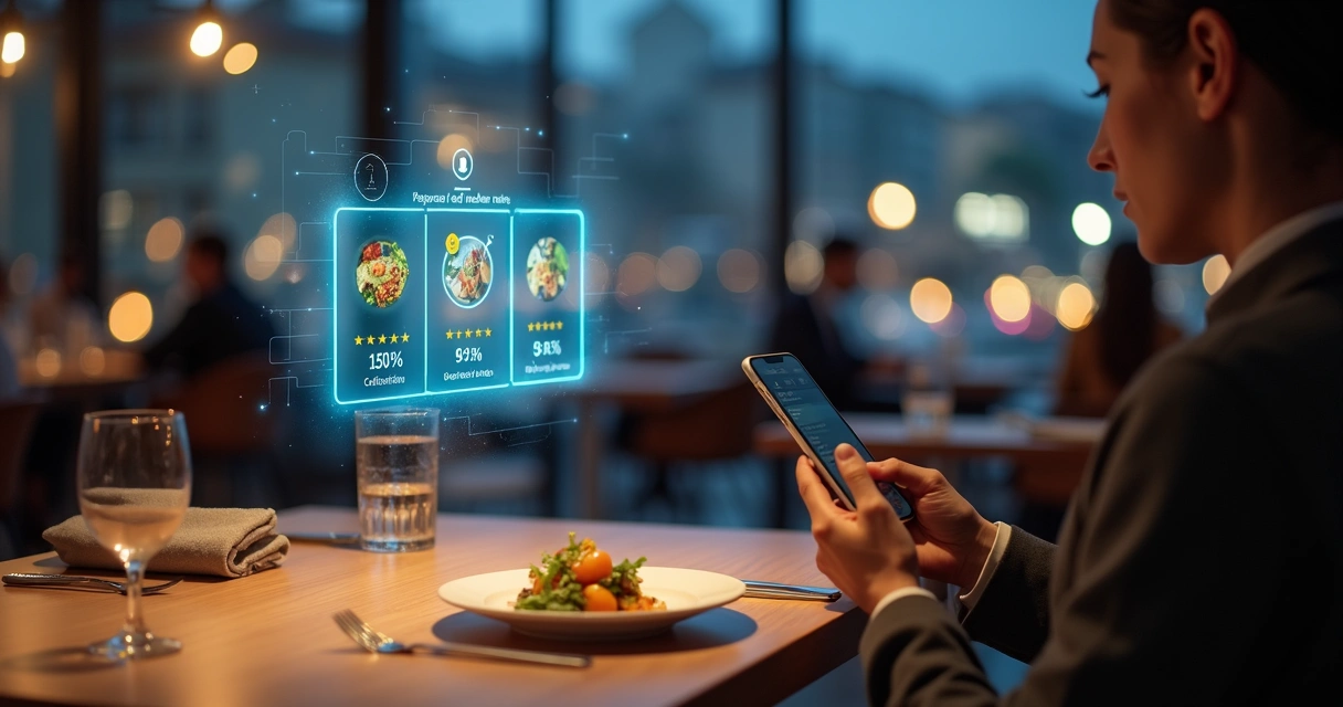 Cliente em mesa de restaurante observando holograma de recomendações por IA 