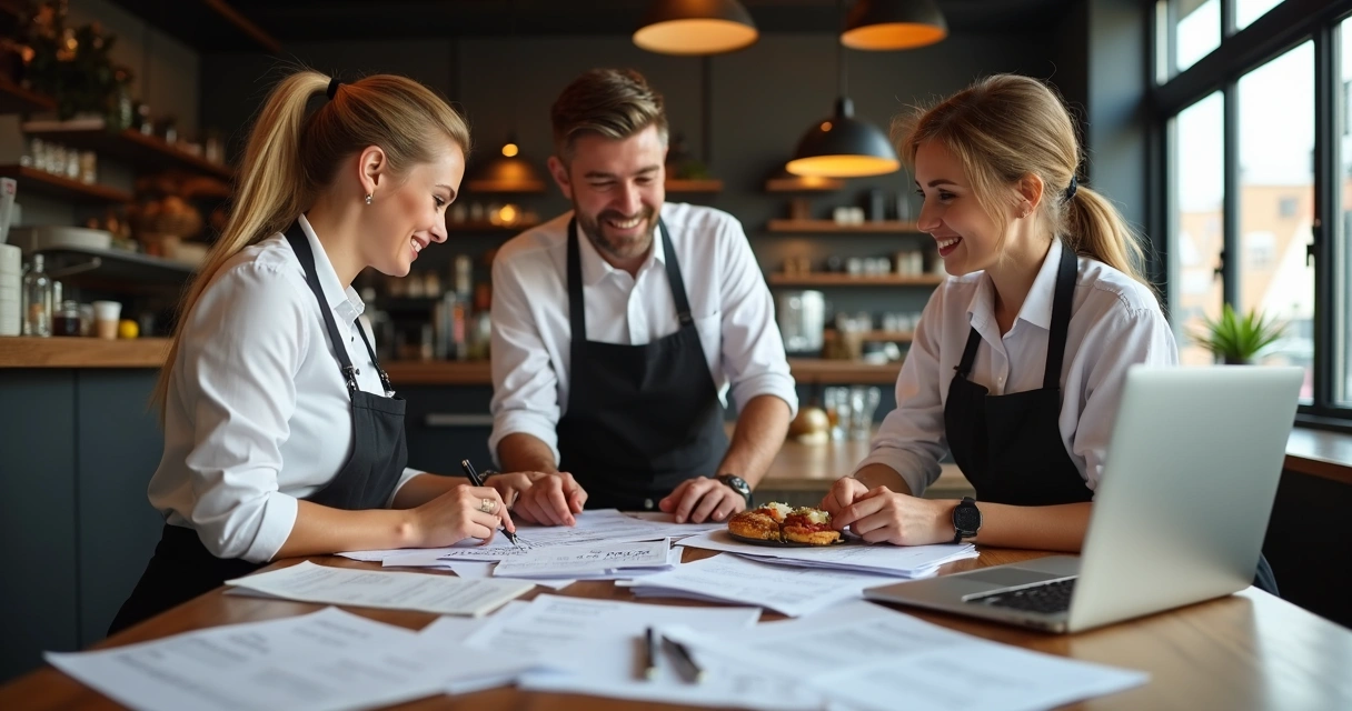 Equipe de restaurante analisando impostos na mesa de trabalho 