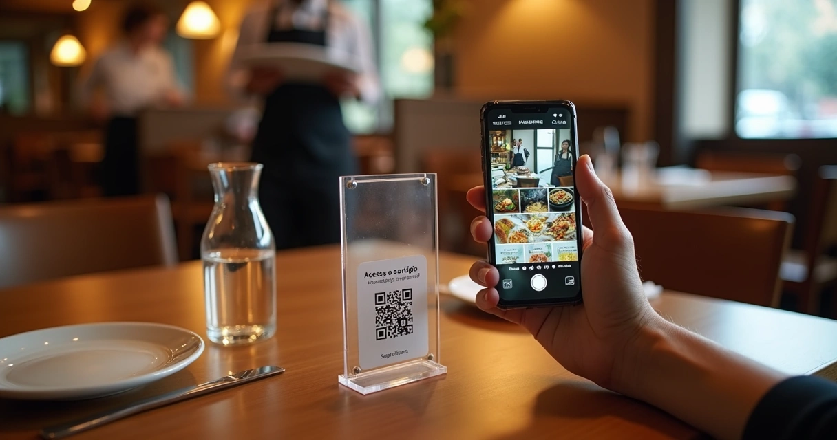 Cliente apontando celular para QR code em mesa de restaurante para abrir cardápio digital 