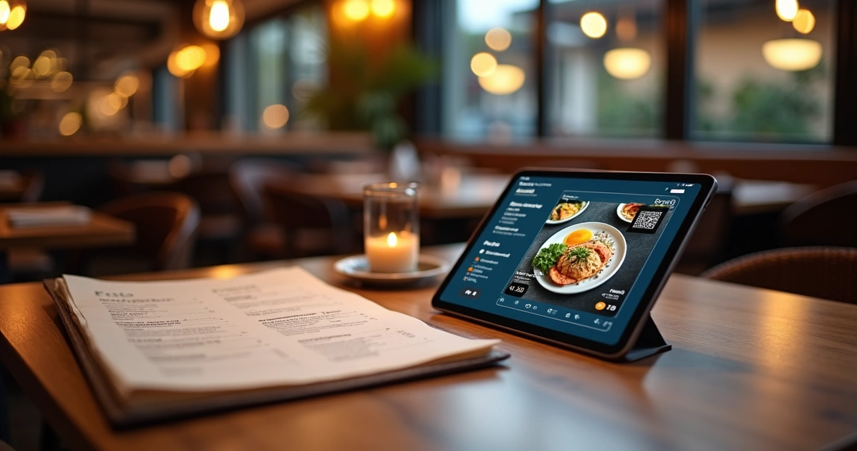 Mesa de restaurante com cardápio impresso e tablet com cardápio digital lado a lado 