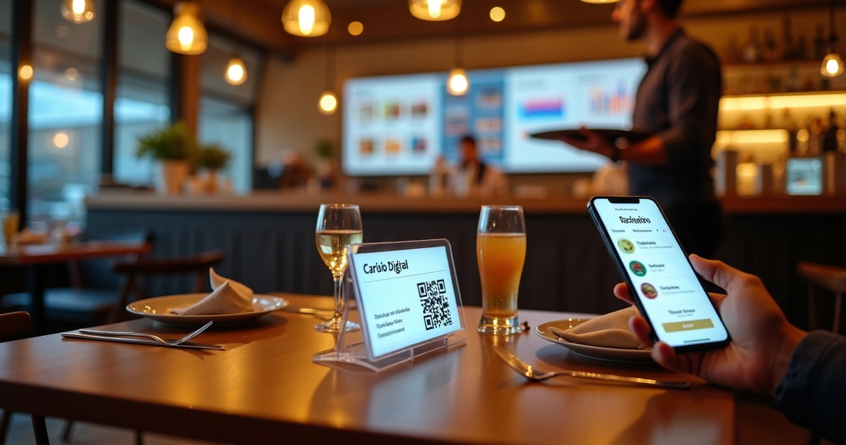 Cliente em mesa de restaurante usando cardápio digital via QR code no celular 