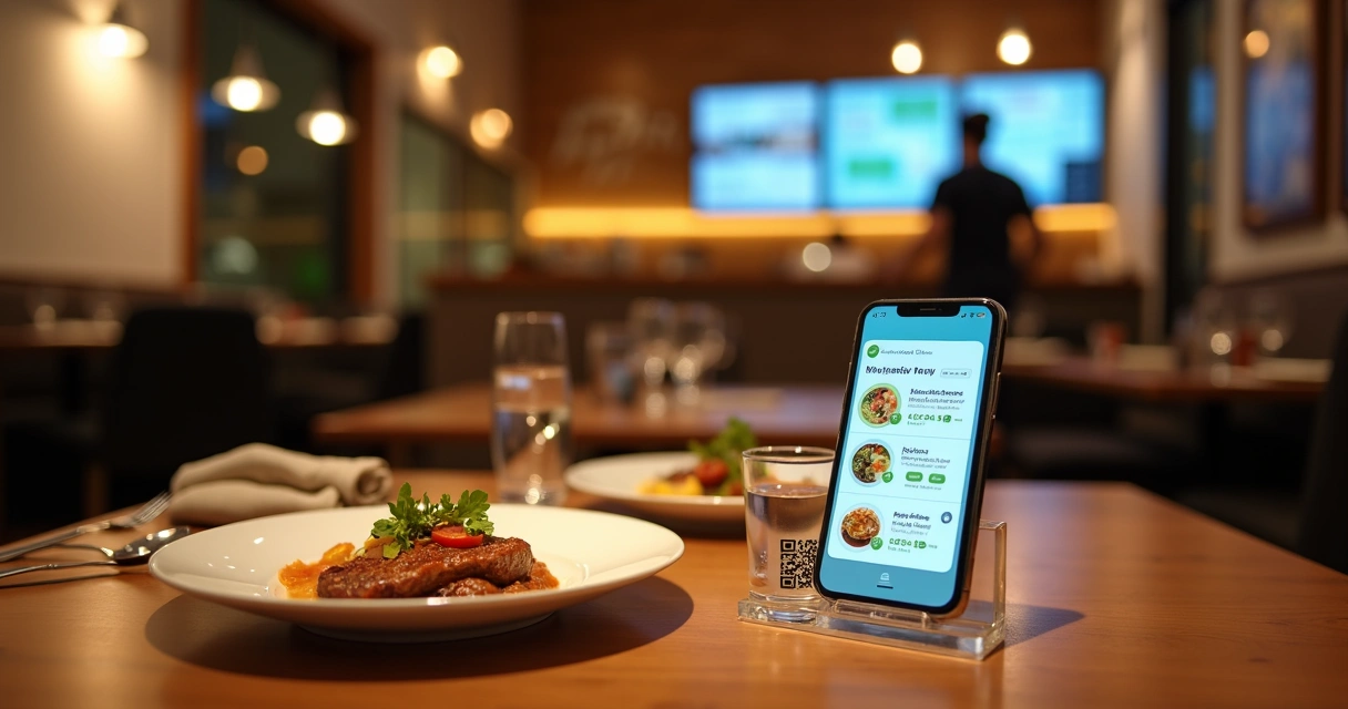 Mesa de restaurante com cardápio digital em smartphone ao lado de prato e pagamento por QR code 