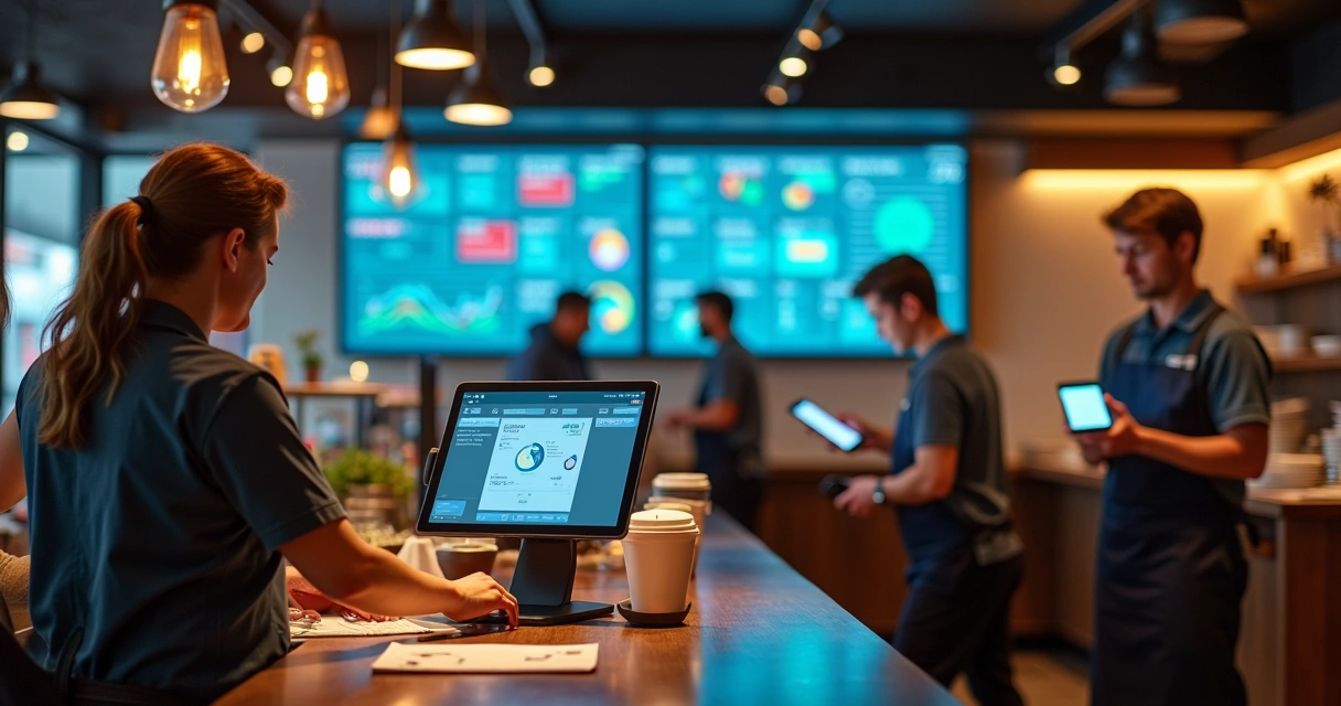 Ambiente de restaurante com equipe usando PDV digital e painel de controle de estoque