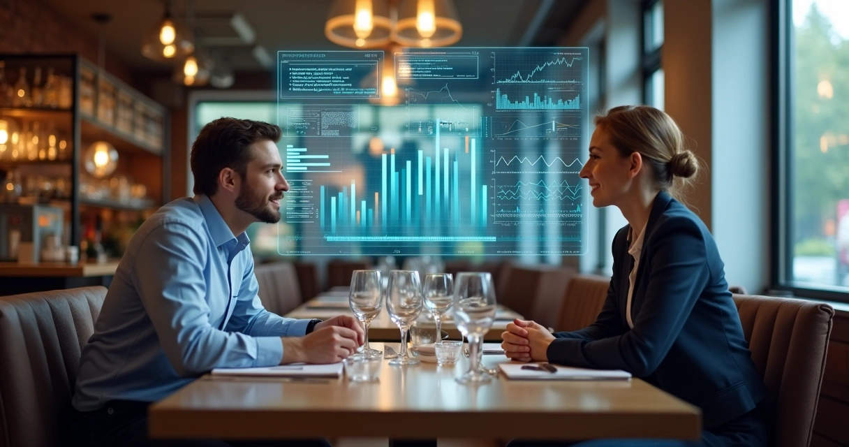 Mesa de restaurante com gráficos e planilhas de dados