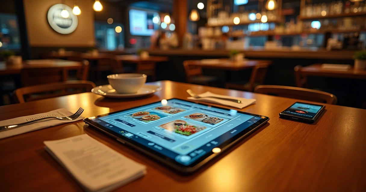 Tablet com cardápio digital sobre mesa de restaurante elegante à noite 
