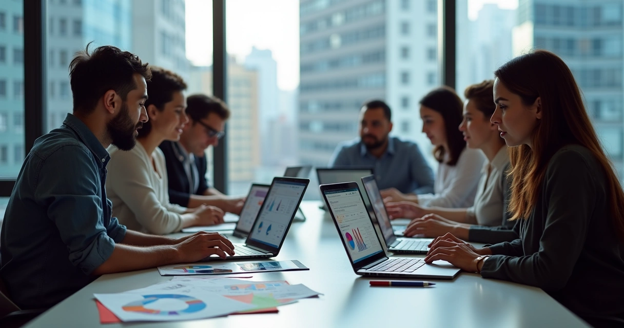 Equipe analisando campanhas em notebooks na mesa de reunião 