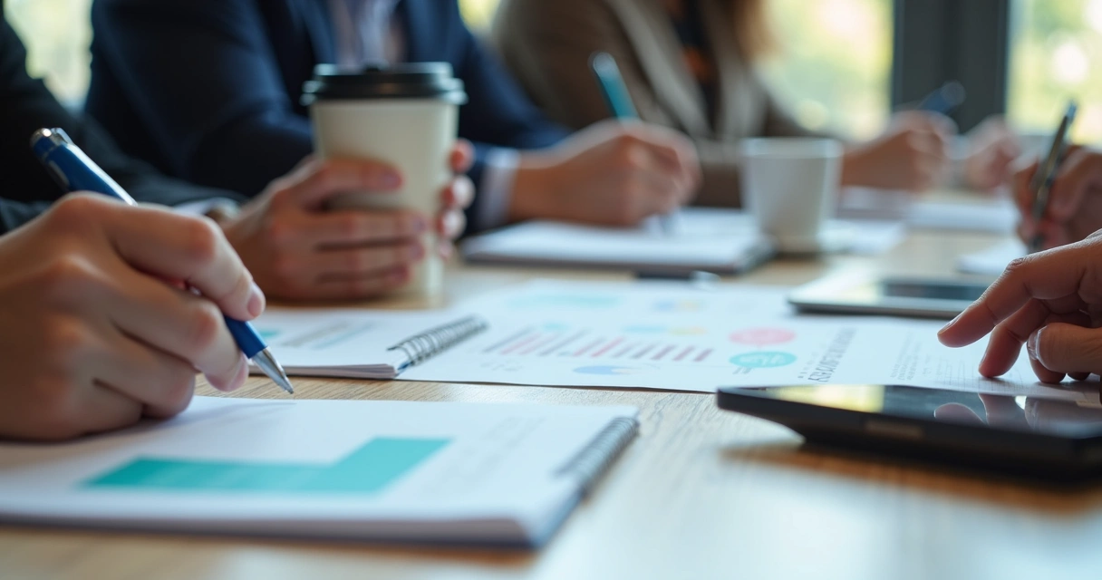 Mesa de reunião com mãos de pessoas fazendo anotações 