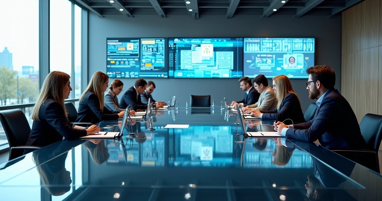 Mesa de reunião digital de câmara de vereadores com tablets e telas exibindo documentos 