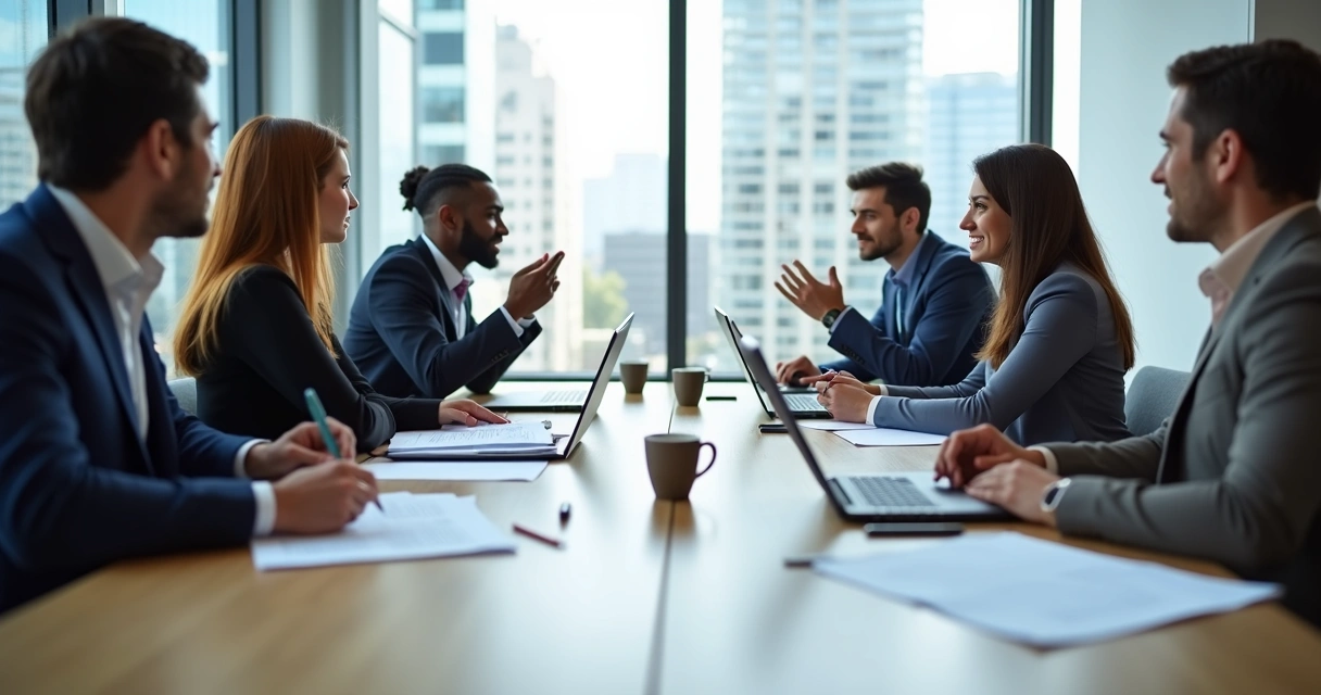 Pessoas analisando documentos e contratos de trabalho em uma mesa de reunião 