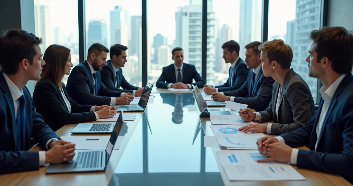 Equipe ao redor de uma mesa de reuniões discutindo decisões empresariais, com expressões sérias e papéis sobre a mesa. 