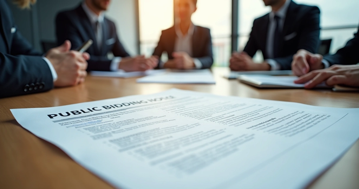 Mesa de reunião com edital de licitação aberto em destaque