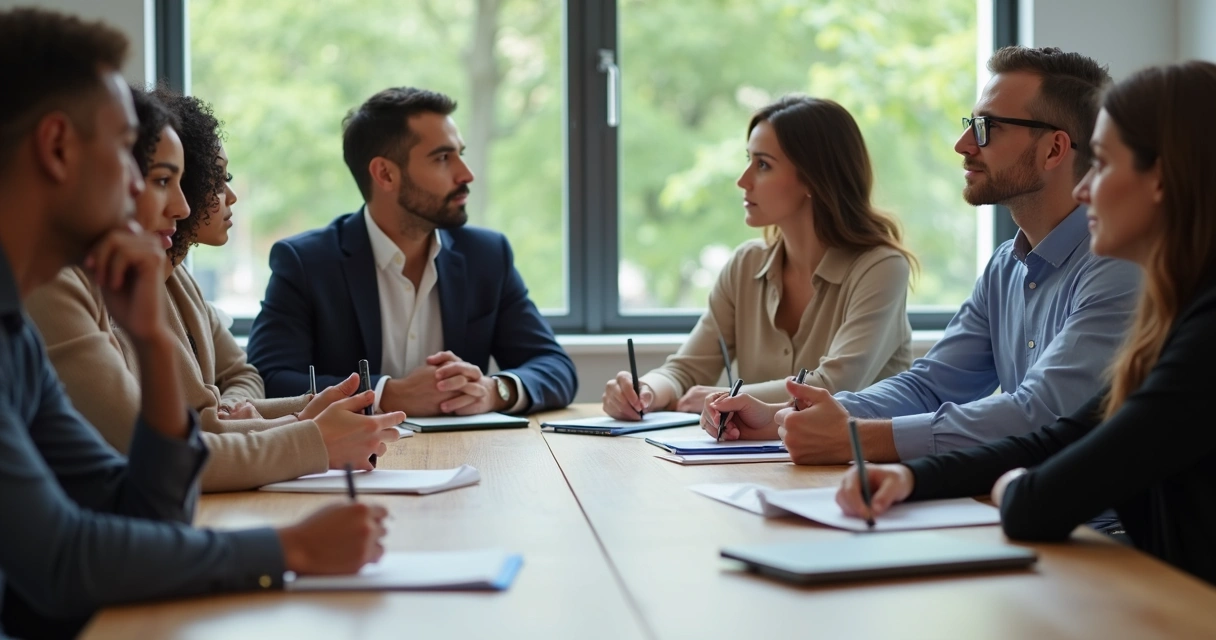 Equipe de empresa em reunião demonstrando atenção plena e escuta mútua 