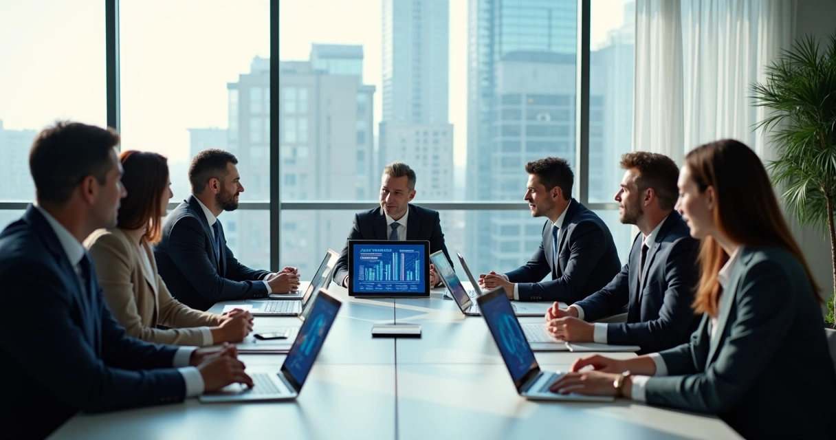 Diretores em mesa de reunião discutindo estratégia de IA. 