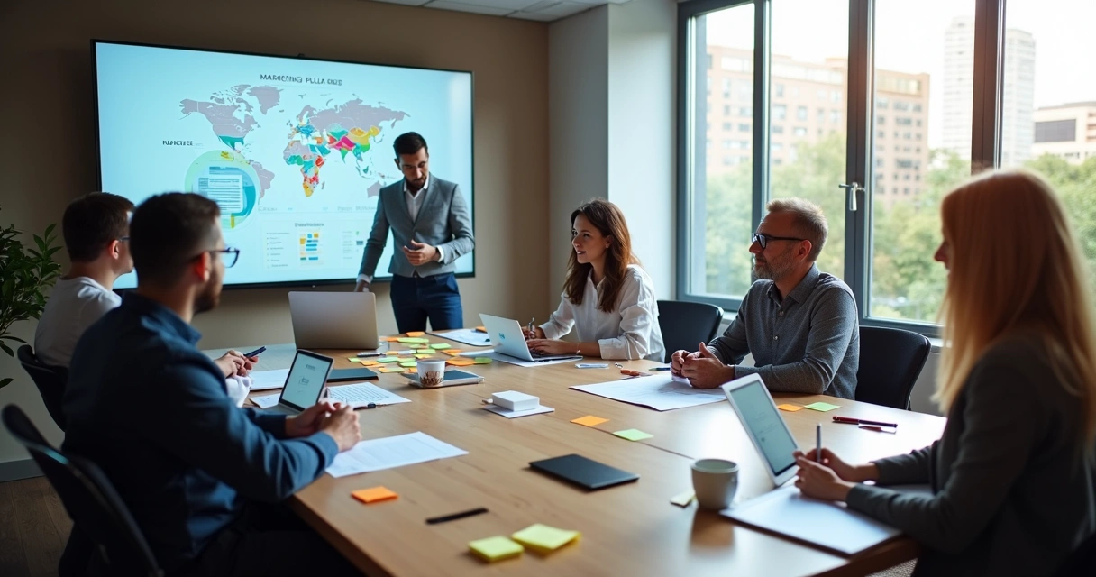 Equipe reunida em mesa discutindo estratégia de comunicação 