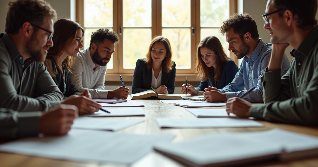 Grupo em reunião discutindo ideias com livros na mesa 