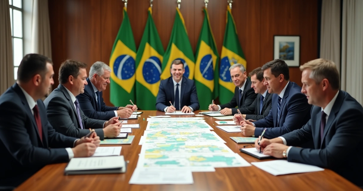 Líderes reunidos em mesa de reunião discutindo documentos sobre política pública