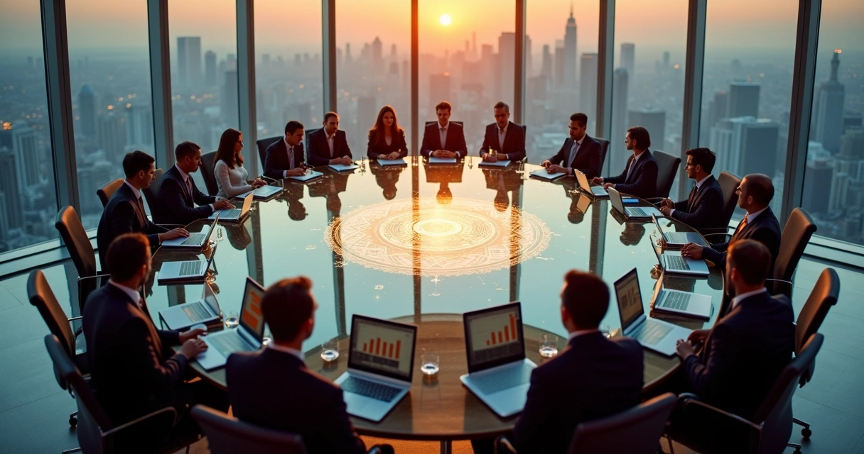 Mesa de reunião vista de cima com mandala de luz no centro equilibrando espiritualidade e negócios 